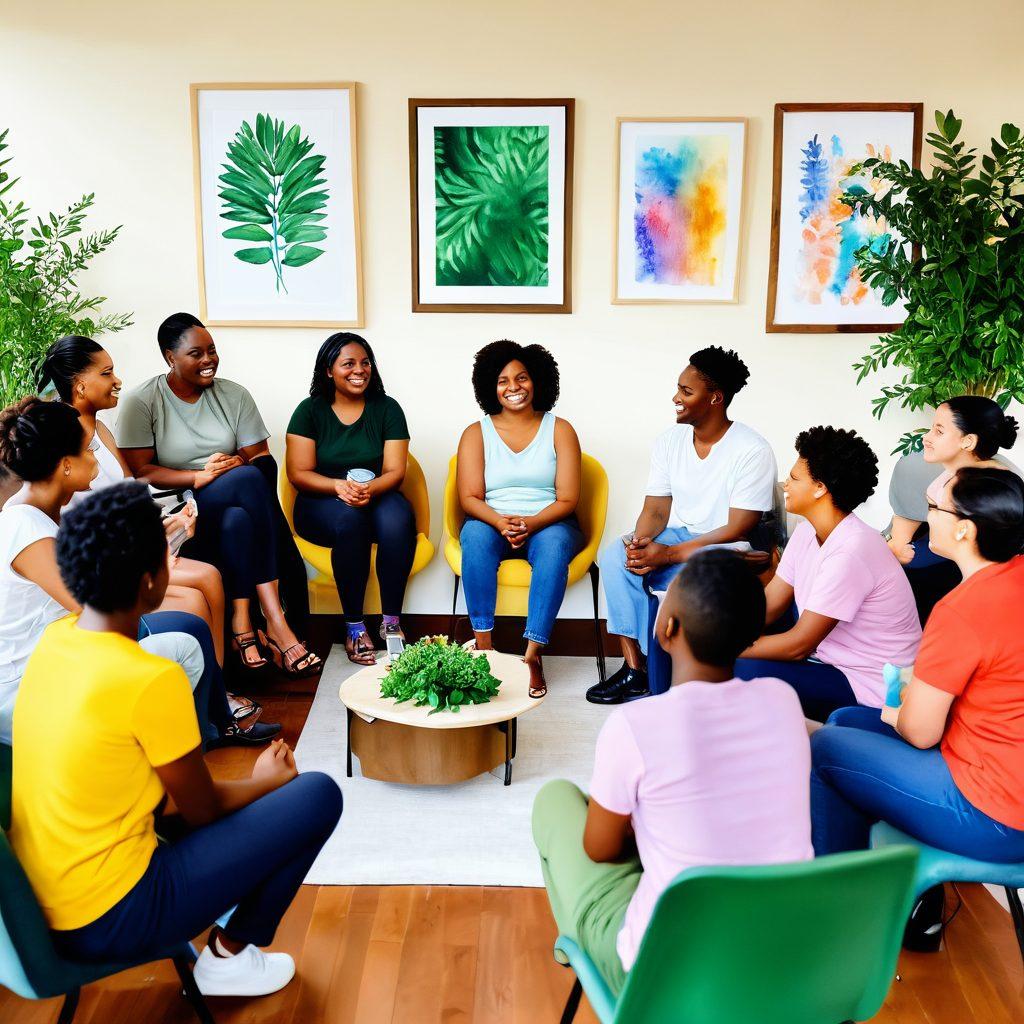 An emotionally supportive scene depicting a diverse group of individuals gathered in a warm, inviting room, sharing experiences related to health challenges. The atmosphere is filled with comforting elements like soft lighting, healing plants, and supportive posters on the walls. Include a diverse range of people expressing empathy and understanding, with gentle smiles and encouraging body language. Focus on the connection and hope that support groups bring. vibrant colors. soft focus. painting.