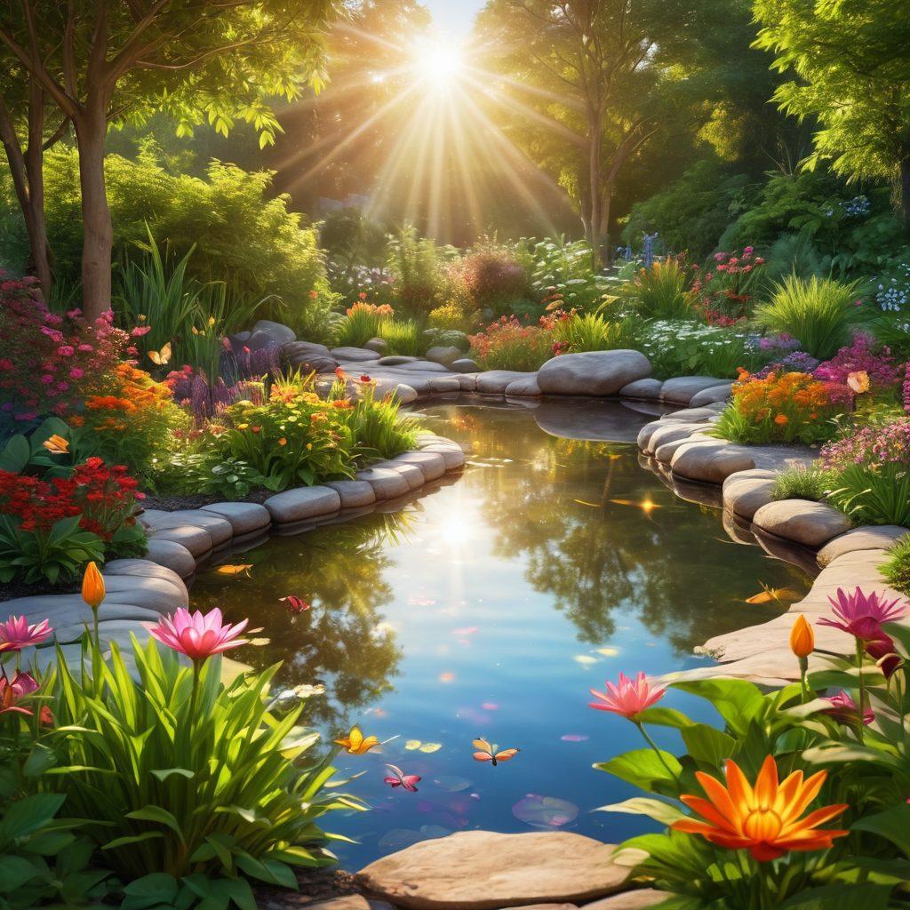 A serene landscape depicting a harmonious blend of nature and wellness: a peaceful garden with vibrant flowers, a tranquil pond reflecting the sun, diverse individuals practicing yoga and meditation, symbolic elements like butterflies representing transformation, wrapped in soft, warm light. super-realistic. vibrant colors. calming atmosphere.