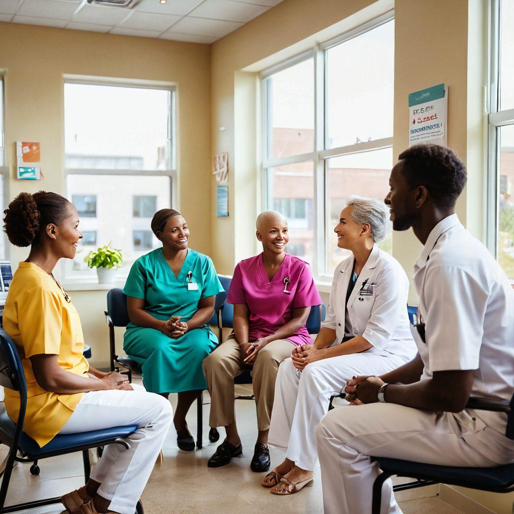 A compassionate healthcare professional gently advising a diverse group of cancer patients in a bright, modern clinic. Incorporate symbols of hope, like sunlight filtering through the windows and colorful therapy tools. Emphasize unity and strength among patients and caregivers, showcasing various therapies and advocacy symbols. super-realistic. vibrant colors. warm atmosphere.